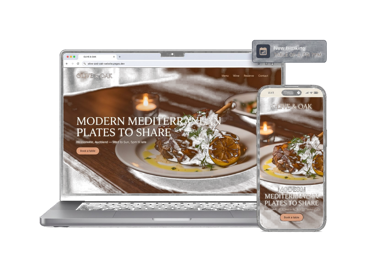 ProSite Growth website preview shown on a laptop and phone, with a New booking notification